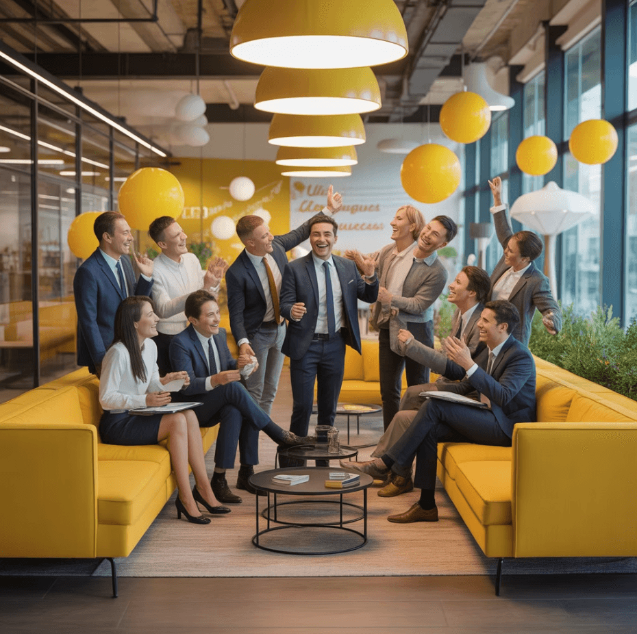 Business team celebrating success in modern office with yellow decor